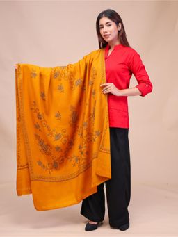 SWI STYLISH - Womens Mustard Hand Embroidered Pure Wool Shawl