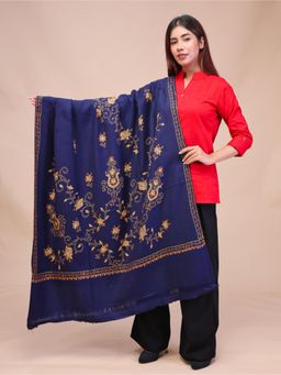 SWI STYLISH - Womens Navy Blue Hand Embroidered Pure Wool Shawl