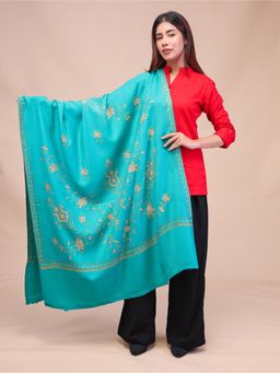 SWI STYLISH - Womens Turquoise Hand Embroidered Pure Wool Shawl