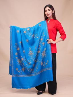 SWI STYLISH - Womens Blue Hand Embroidered Pure Wool Shawl