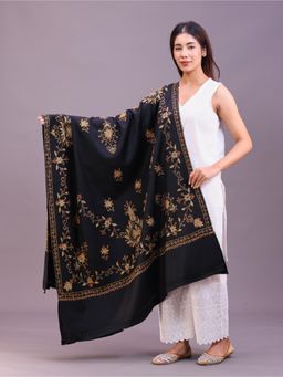 SWI STYLISH - Womens Black Hand Embroidered Pure Wool Shawl