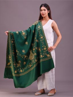 SWI STYLISH - Womens Bottle Green Hand Embroidered Pure Wool Shawl