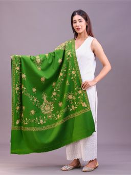 SWI STYLISH - Womens Mehndi Hand Embroidered Pure Wool Shawl