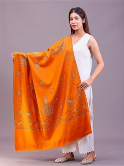 SWI STYLISH - Womens Orange Hand Embroidered Pure Wool Shawl