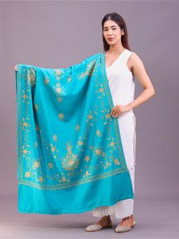 SWI STYLISH - Womens Sea Turquoise Hand Embroidered Pure Wool Shawl