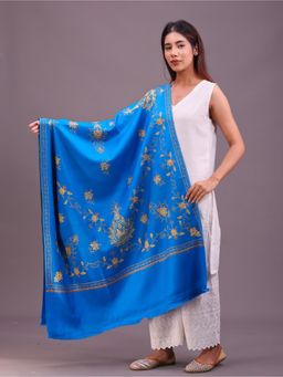 SWI STYLISH - Womens Blue Hand Embroidered Pure Wool Shawl