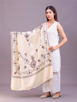 SWI STYLISH - Womens Cream Hand Embroidered Pure Wool Shawl