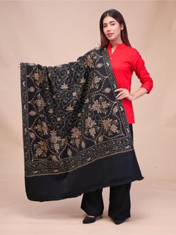 SWI STYLISH - Womens Black Hand Embroidered Pure Wool Shawl