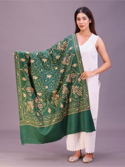 SWI STYLISH - Womens Bottle Green Hand Embroidered Pure Wool Shawl