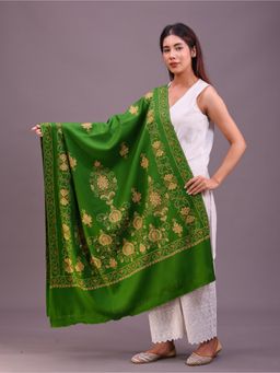 SWI STYLISH - Womens Mehndi Hand Embroidered Pure Wool Shawl
