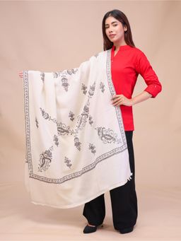 SWI STYLISH - Womens White Hand Embroidered Pure Wool Shawl