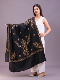 SWI STYLISH - Womens Black Hand Embroidered Pure Wool Shawl