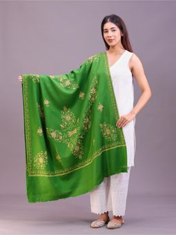SWI STYLISH - Womens Mehndi Hand Embroidered Pure Wool Shawl