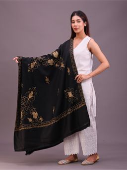 SWI STYLISH - Womens Black Hand Embroidered Pure Wool Shawl