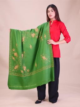 SWI STYLISH - Womens Mehndi Hand Embroidered Pure Wool Shawl