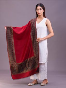 SWI STYLISH - Womens Maroon Floral Design Wool Stole With Zari