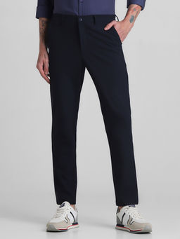 Jack & Jones - Navy Blue Solid Polyester Blend Slim Trouser