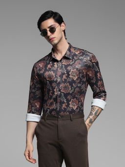 Jack & Jones - Brown Floral Cotton Blend Slim Shirt