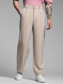 Jack & Jones - Beige Solid Polyester Blend Loose Trouser
