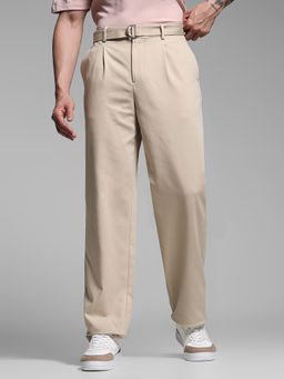 Jack & Jones - Beige Solid Rayon Blend Loose Trouser