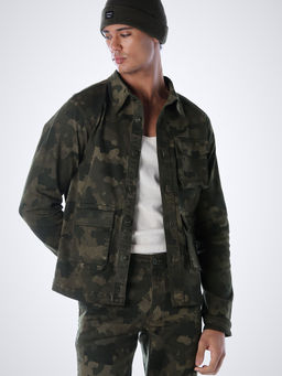 Jack & Jones - Green Camouflage Cotton Blend Regular Jacket