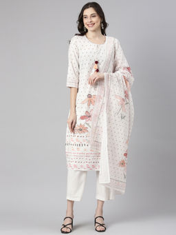 NEERU'S - Off White Printed Straight Kurta and Pant with Dupatta (Set of 3)