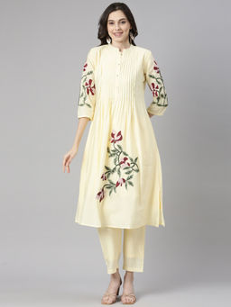 NEERU'S - Yellow Embroidered Straight Kurta and Pant (Set of 2)