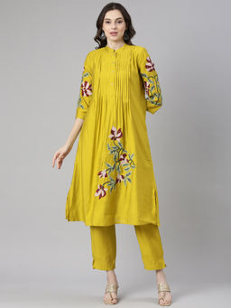 NEERU'S - Mustard Embroidered Straight Kurta and Pant (Set of 2)