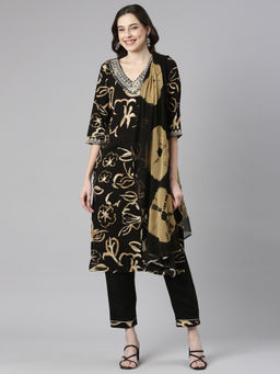 NEERU'S - Black Printed Straight Kurta and Pant with Dupatta (Set of 3)