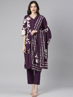 NEERU'S - Purple Printed Straight Kurta and Pant with Dupatta (Set of 3)