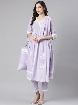 NEERU'S - Lavender Printed Anarkali Kurta & Pant With Dupatta and with bag (Set of 4)
