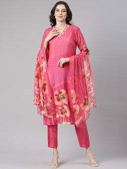 NEERU'S - Pink Printed Straight Kurta and Pant With Dupatta (Set of 3)