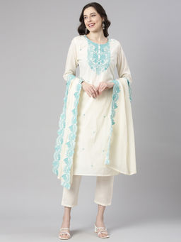 NEERU'S - Sea Green Embroidered Straight Kurta and Pant With Dupatta (Set of 3)