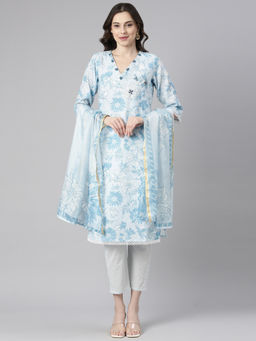 NEERU'S - Blue Printed Straight Kurta and Pant With Dupatta (Set of 3)