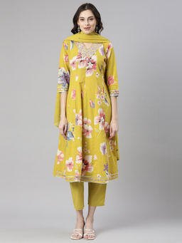 NEERU'S - Yellow Printed Anarkali Kurta and Pant With Dupatta (Set of 3)