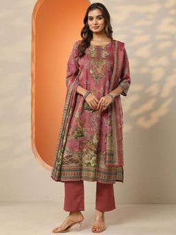Libas - Pink Printed Silk Blend Straight Kurta Pant with Dupatta