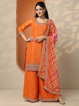 Libas - Embroidered Chinon Straight Kurta Palazzo with Dupatta