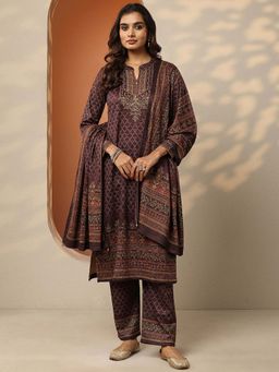 Libas - Burgundy Embroidered Straight Kurta Pant with Dupatta
