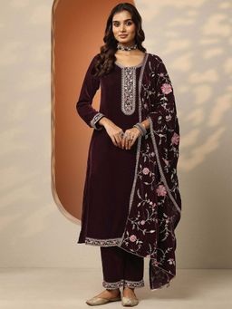 Libas Art - Burgundy Embroidered Velvet Straight Kurta Pant with Dupatta