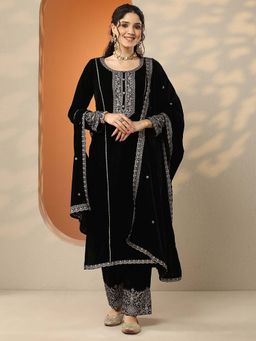 Libas Art - Embroidered Velvet Straight Kurta Pant with Dupatta