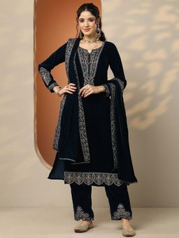 Libas Art - Embroidered Velvet Straight Kurta Pant with Dupatta