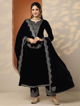 Libas Art - Embroidered Velvet A-Line Kurta Pant with Dupatta