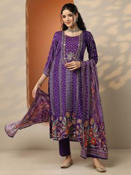 Libas - Purple Embroidered Straight Kurta Pant with Dupatta