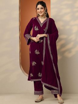 Libas Art - Embroidered Velvet Straight Kurta Pant with Dupatta
