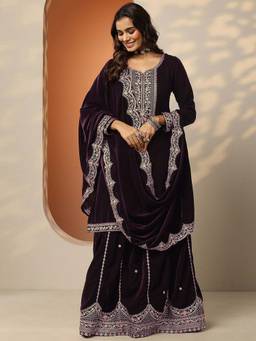 Libas Art - Embroidered Velvet Straight Kurta Skirt with Dupatta