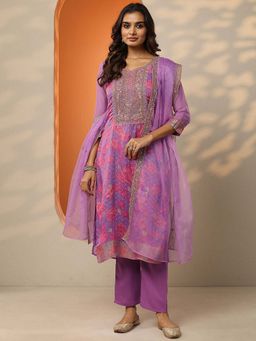 Libas - Lavender Embroidered Silk Blend Straight Kurta Pant with Dupatta