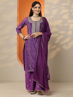 Libas - Purple Embroidered Silk Blend Straight Kurta Palazzo with Dupatta