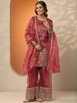 Libas Art - Pink Embroidered Organza Straight Kurta Palazzo with Dupatta