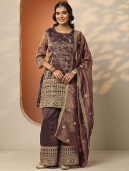 Libas Art - Purple Embroidered Organza Straight Kurta Palazzo with Dupatta