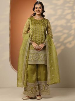 Libas Art - Embroidered Organza Straight Kurta Palazzo with Dupatta